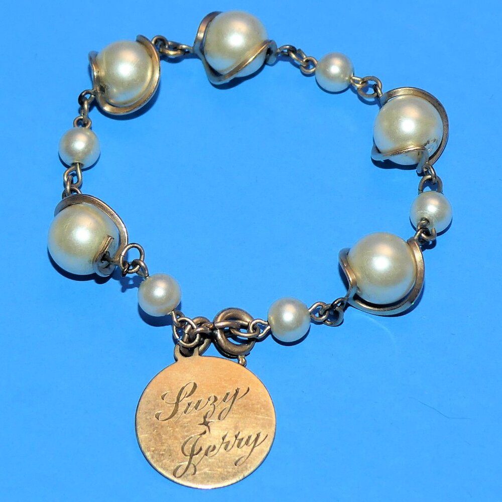 Vintage LESTAGE 12K GF Bracelet Faux Pearl Gold Filled Engraved Prom 56 50s